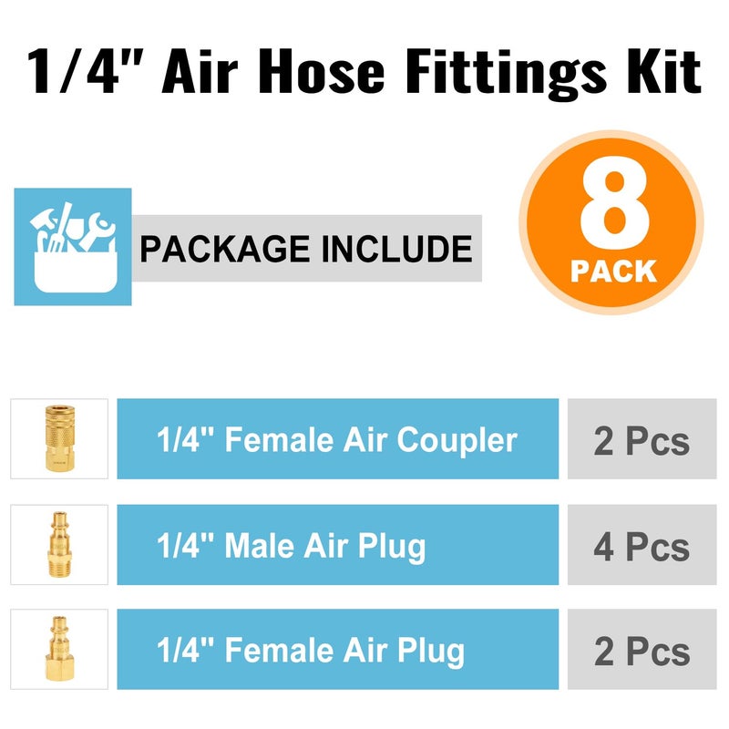 SUNGATOR سنجاتور 8 قطع موصلات خرطوم هواء 1/4 بوصة NPT، موصلات سريعة من النحاس الصلب 1/4 بوصة، مجموعة موصلات وقابس 1/4 بوصة، ملحقات ضاغط، مجموعة إصلاح خرطوم موصل سريع - Image 2